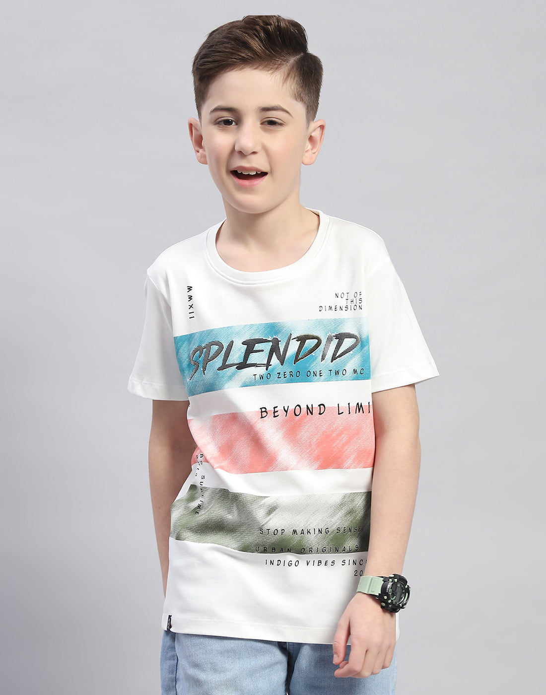 Boys White Printed Round Neck Half Sleeve T-Shirt