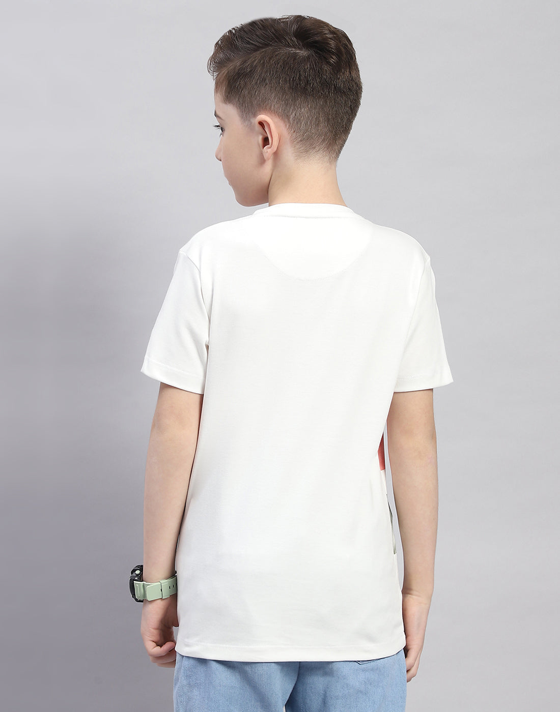 Boys White Printed Round Neck Half Sleeve T-Shirt