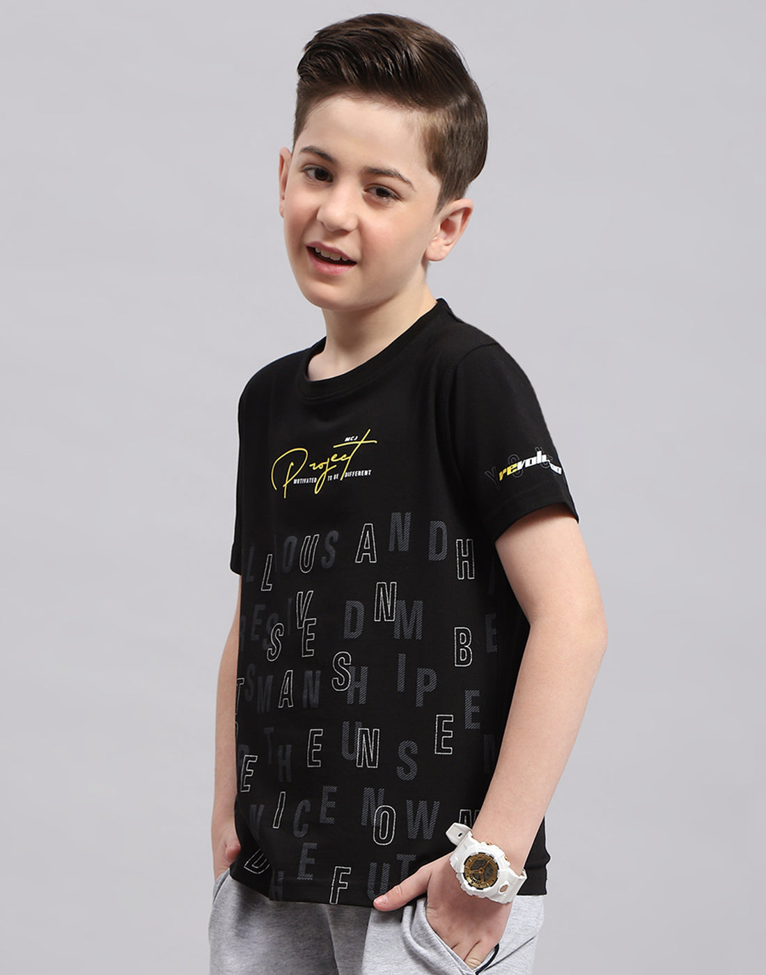 Boys Black Printed Round Neck Half Sleeve T-Shirt
