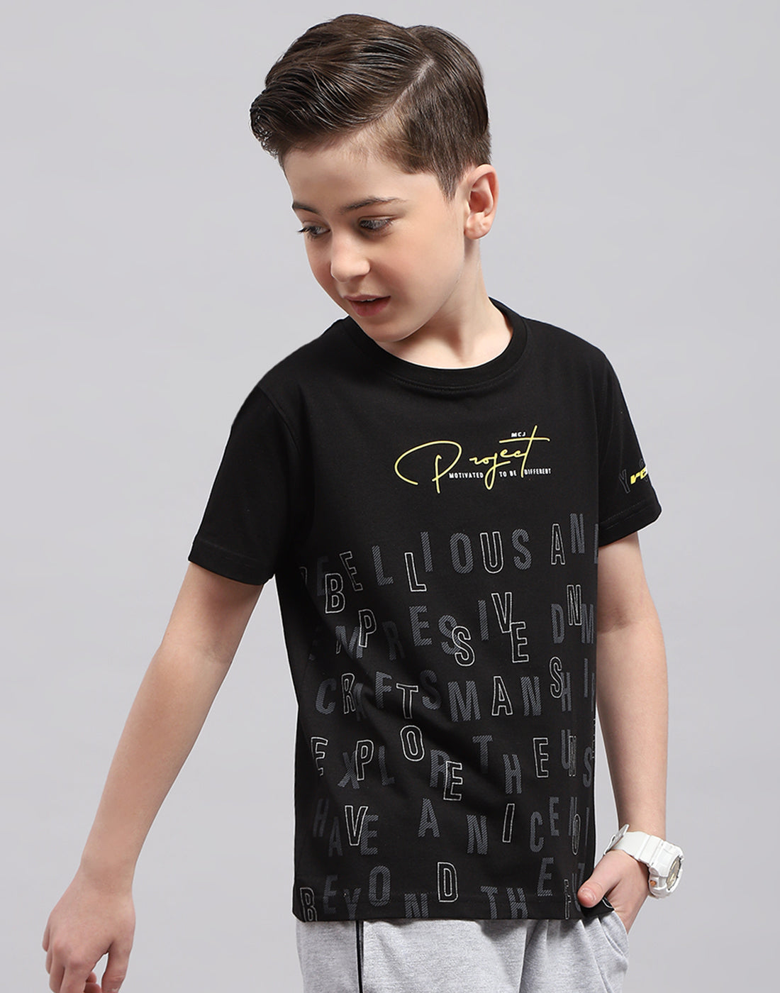 Boys Black Printed Round Neck Half Sleeve T-Shirt
