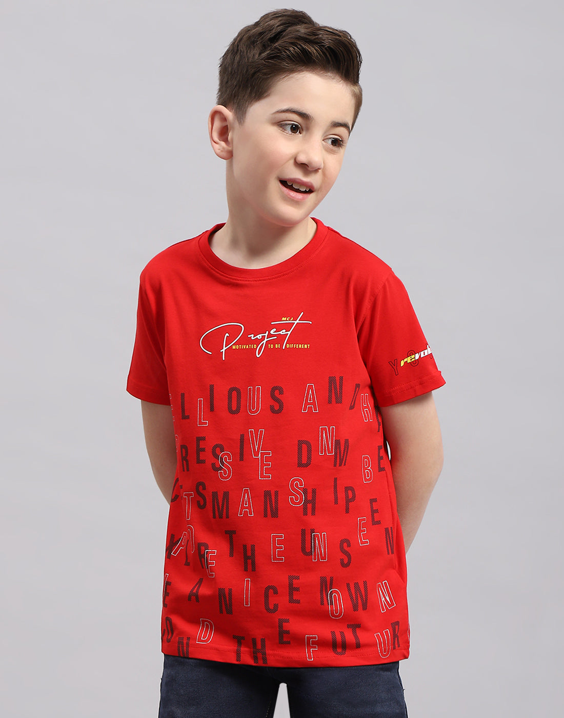 Boys Red Printed Round Neck Half Sleeve T-Shirt