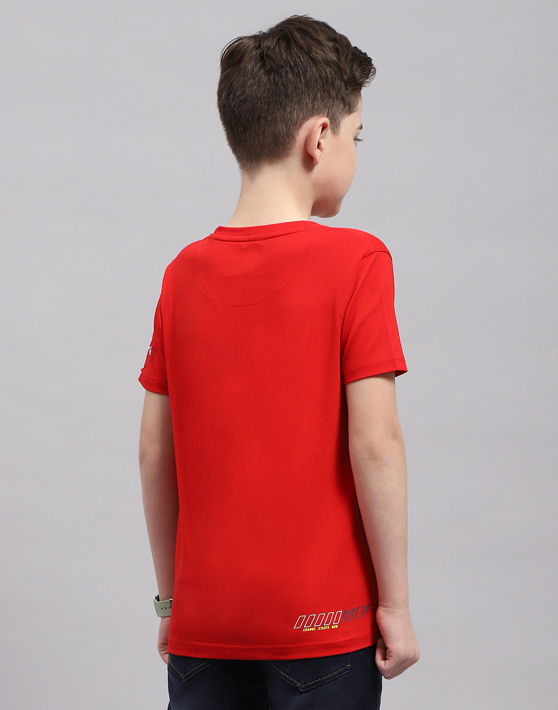 Boys Red Printed Round Neck Half Sleeve T-Shirt