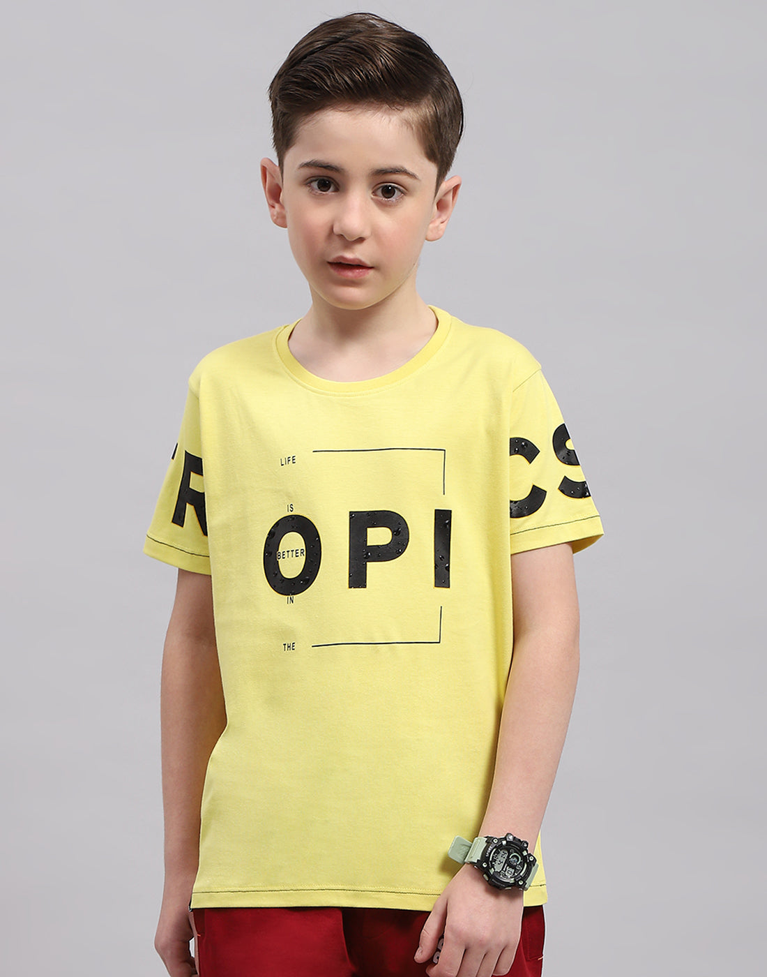 Boys Yellow Printed Round Neck Half Sleeve T-Shirt