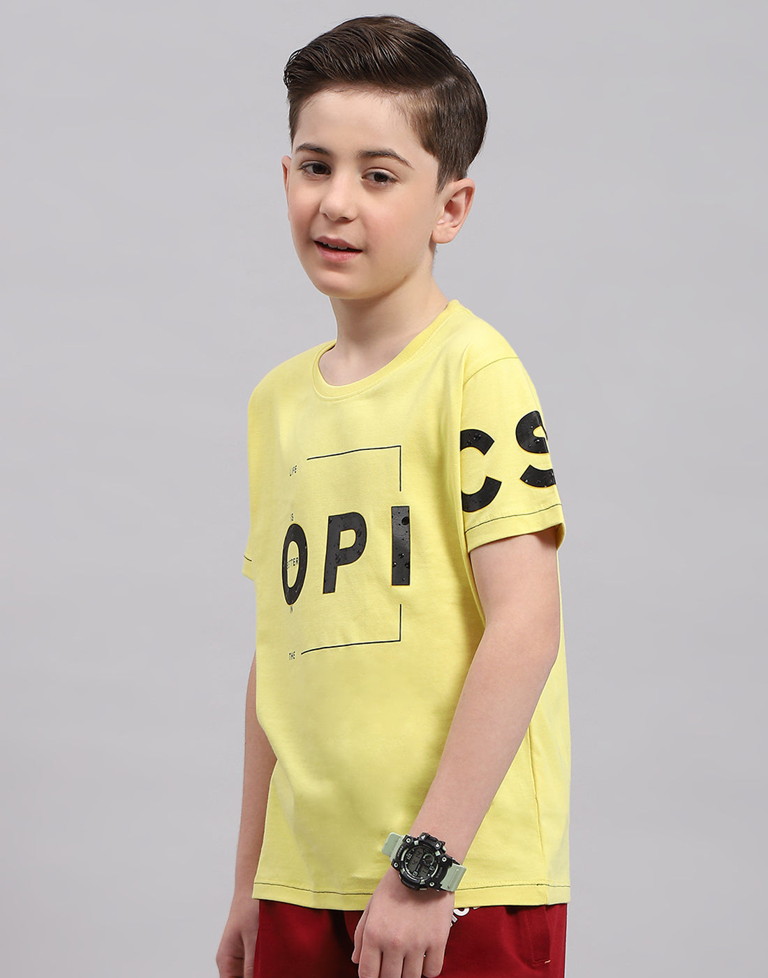 Boys Yellow Printed Round Neck Half Sleeve T-Shirt