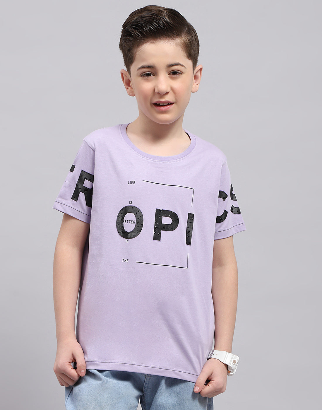 Boys Purple Printed Round Neck Half Sleeve T-Shirt