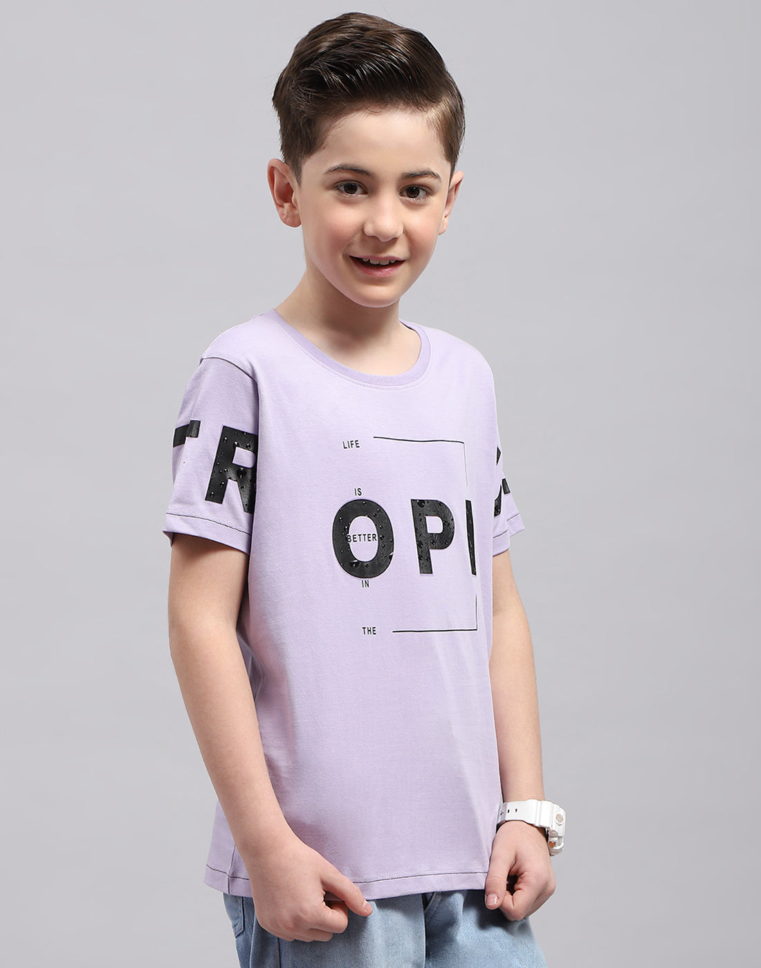 Boys Purple Printed Round Neck Half Sleeve T-Shirt