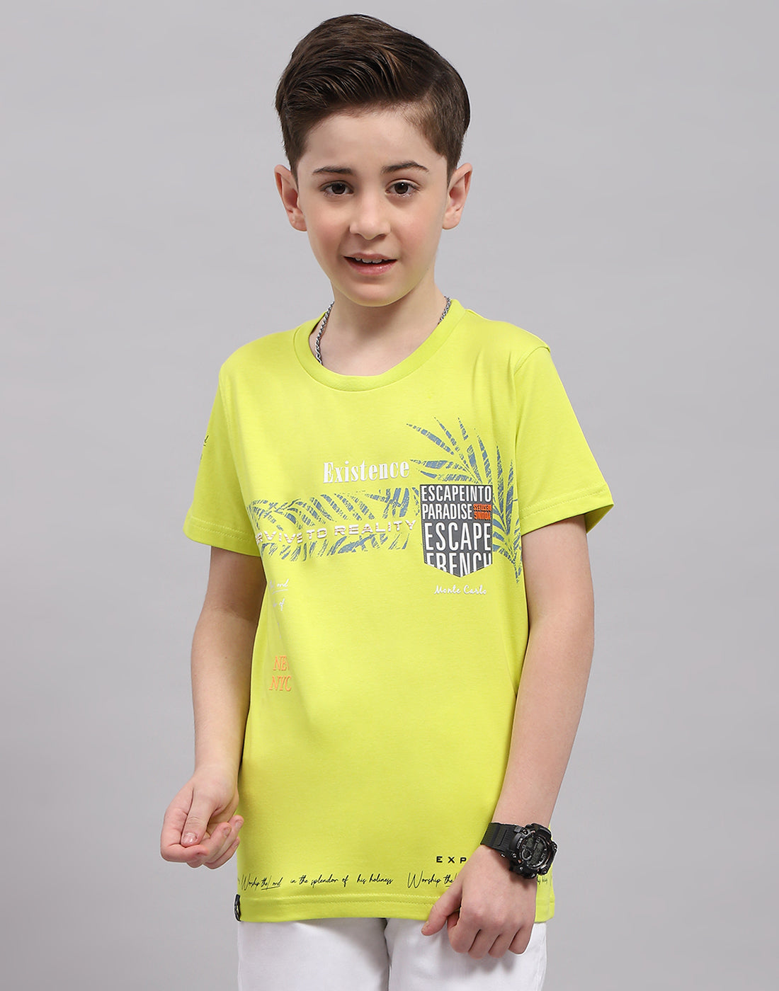 Boys Lime Green Printed Round Neck Half Sleeve T-Shirt