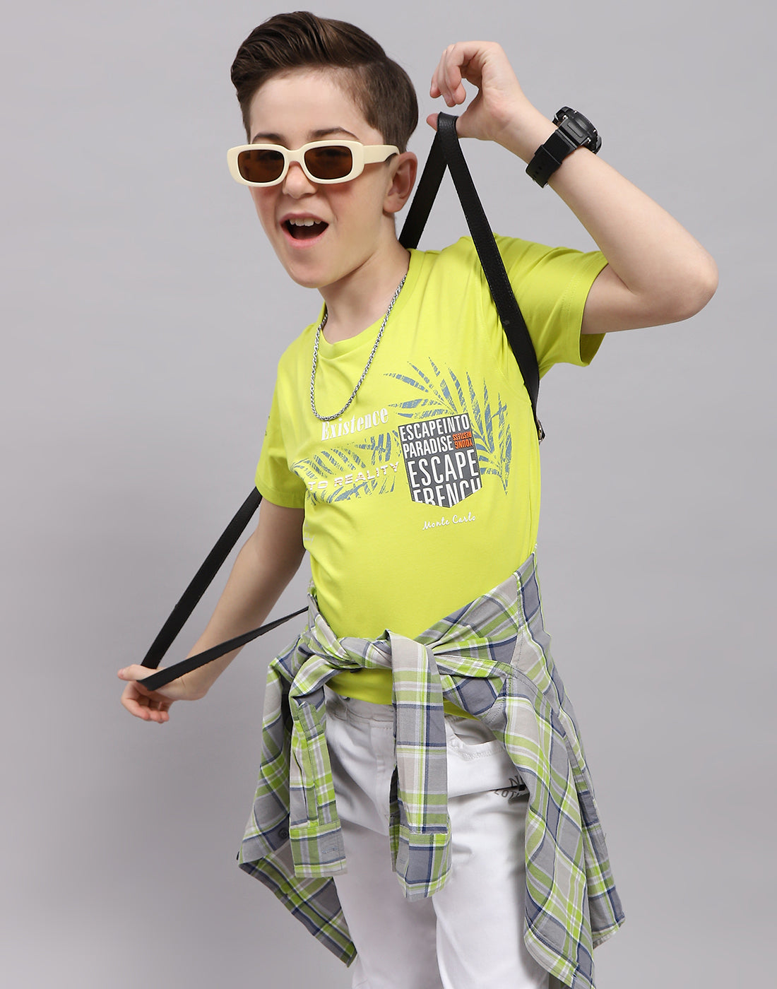 Boys Lime Green Printed Round Neck Half Sleeve T-Shirt