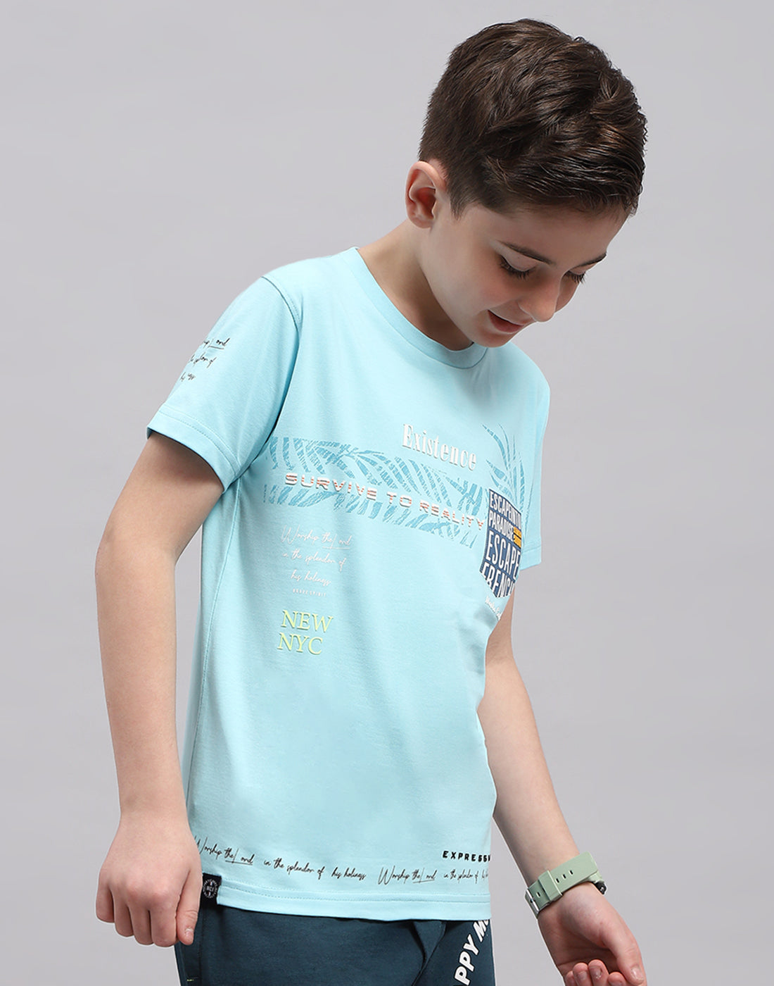 Boys Turquoise Blue Printed Round Neck Half Sleeve T-Shirt
