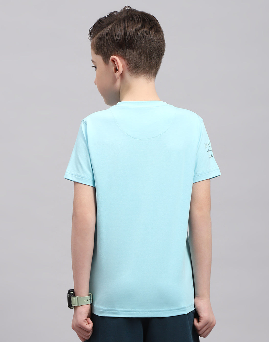 Boys Turquoise Blue Printed Round Neck Half Sleeve T-Shirt