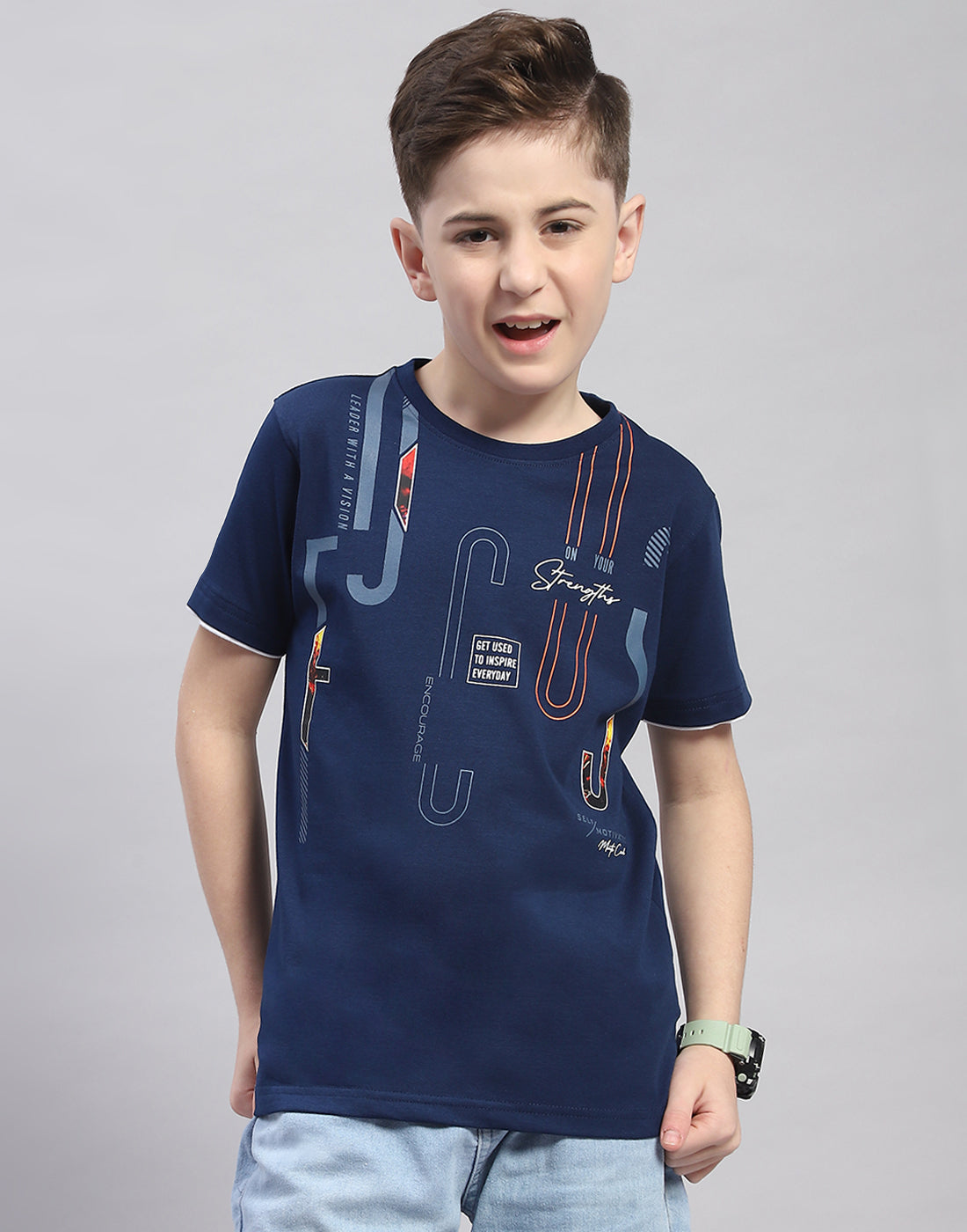 Boys Navy Blue Printed Round Neck Half Sleeve T-Shirt