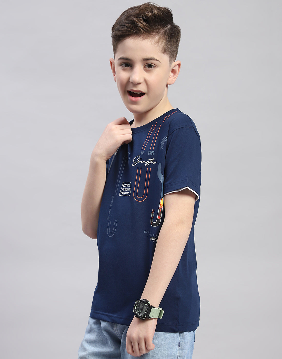 Boys Navy Blue Printed Round Neck Half Sleeve T-Shirt