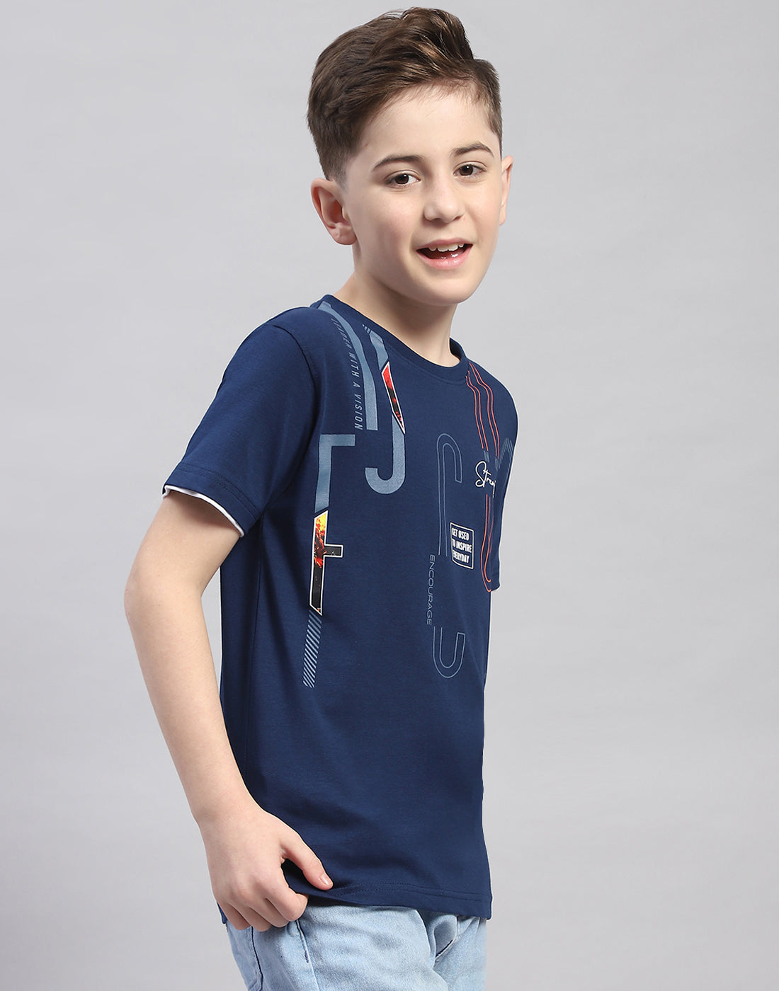 Boys Navy Blue Printed Round Neck Half Sleeve T-Shirt
