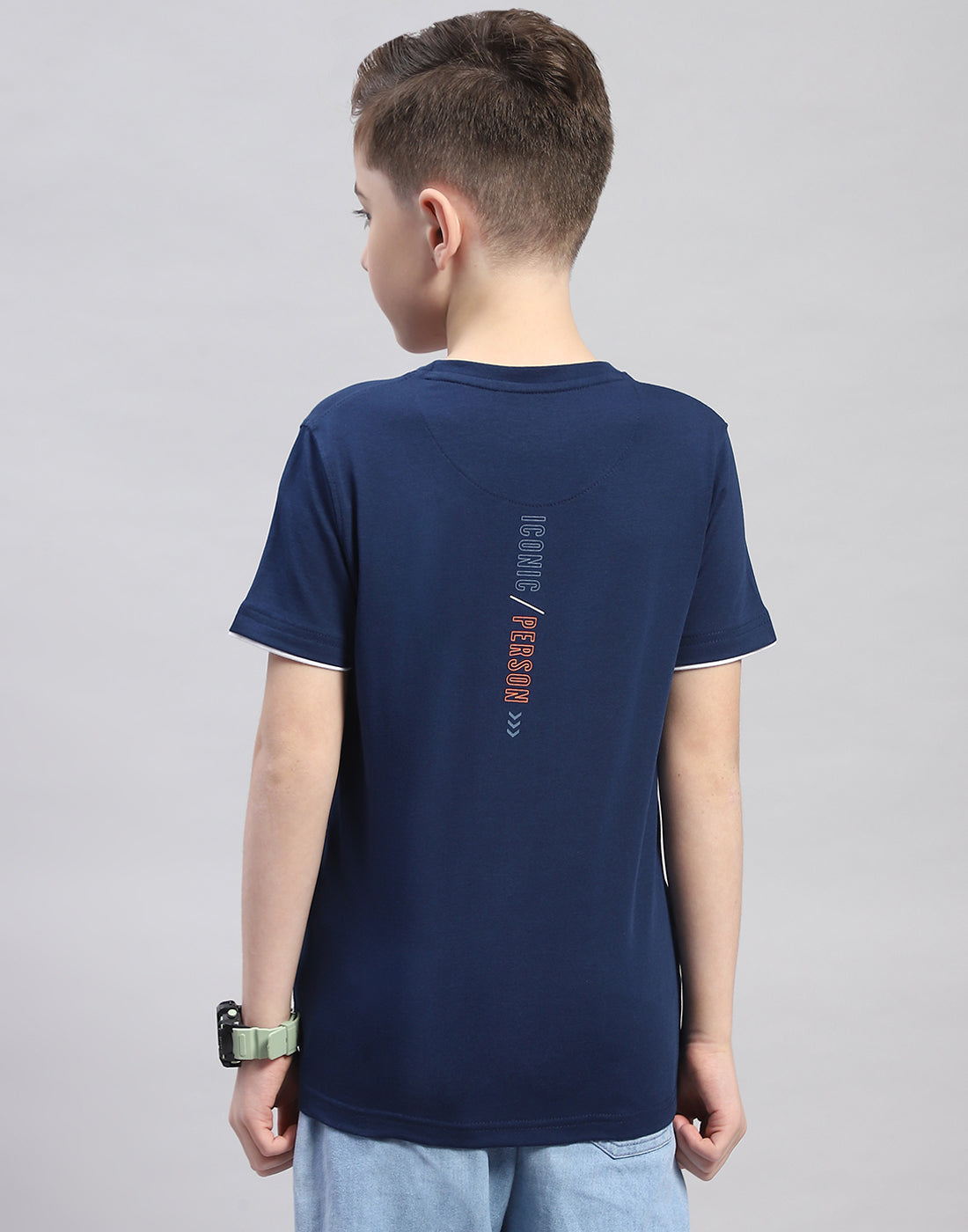 Boys Navy Blue Printed Round Neck Half Sleeve T-Shirt