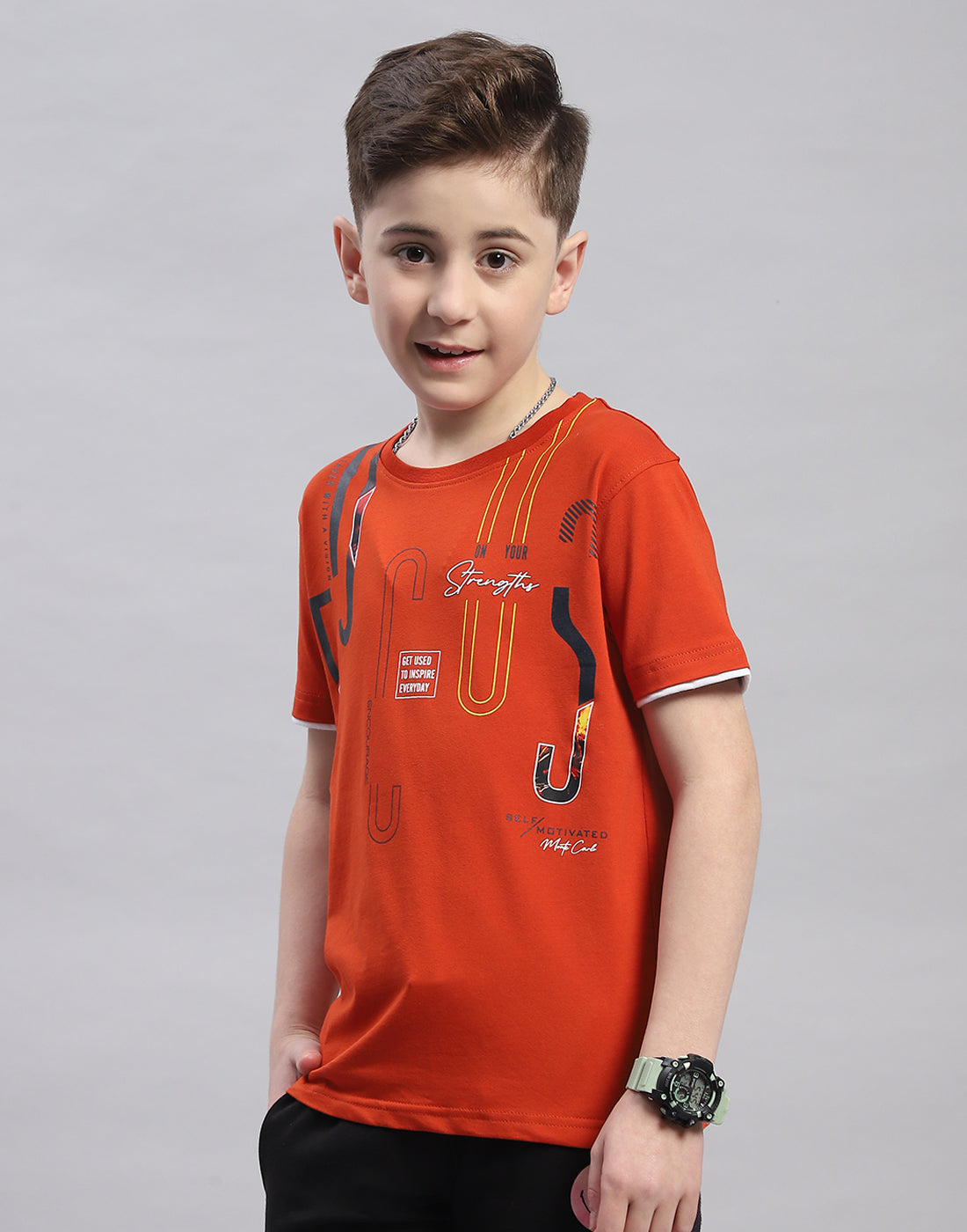 Boys Rust Printed Round Neck Half Sleeve T-Shirt