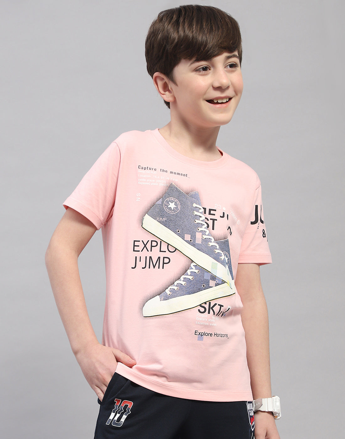 Boys Pink Printed Round Neck Half Sleeve T-Shirt