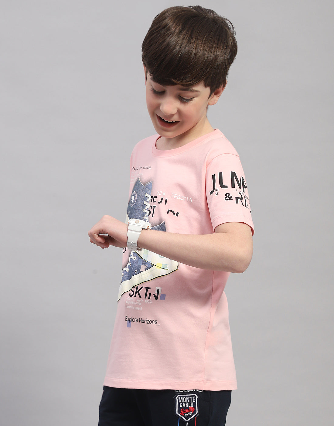 Boys Pink Printed Round Neck Half Sleeve T-Shirt