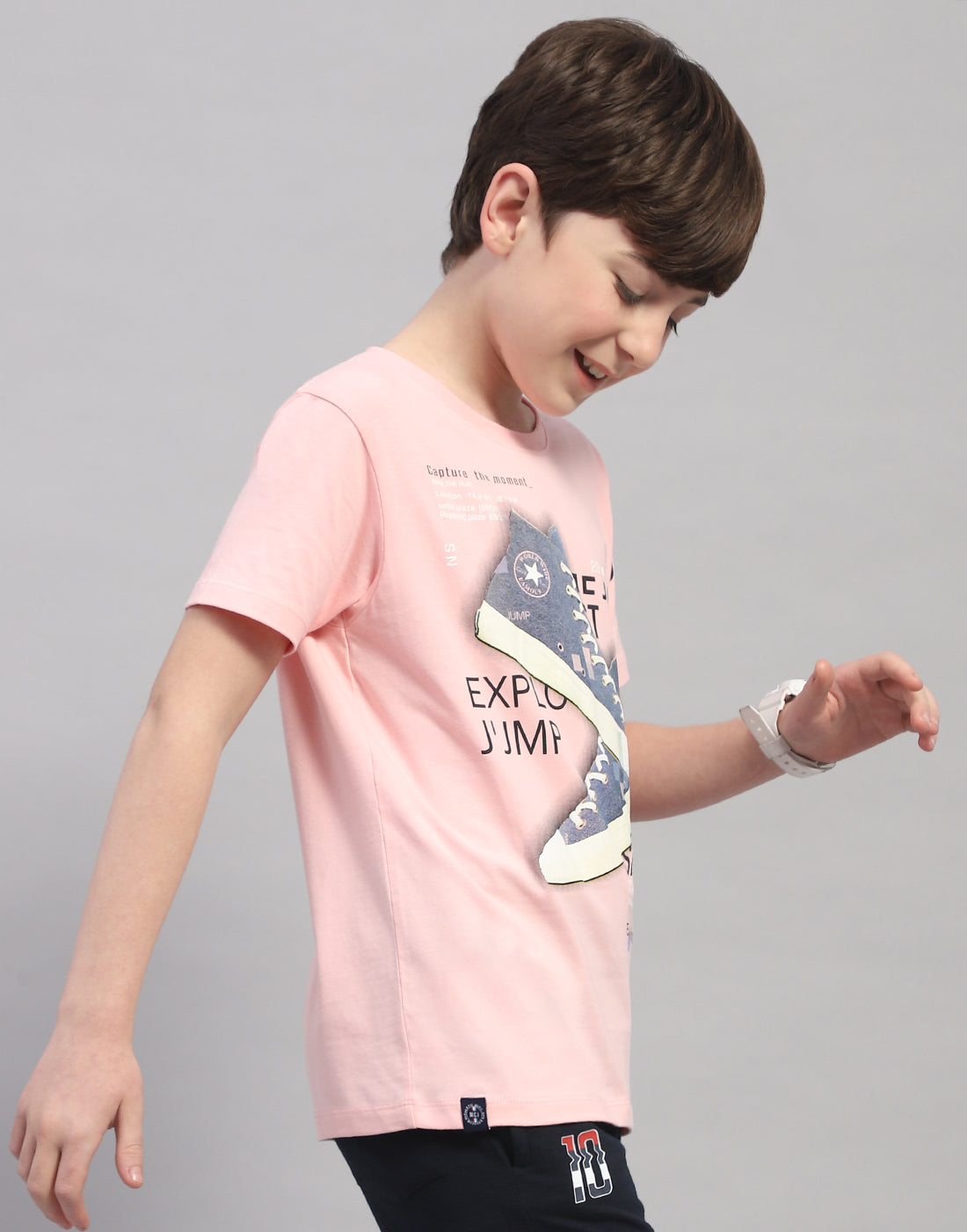 Boys Pink Printed Round Neck Half Sleeve T-Shirt