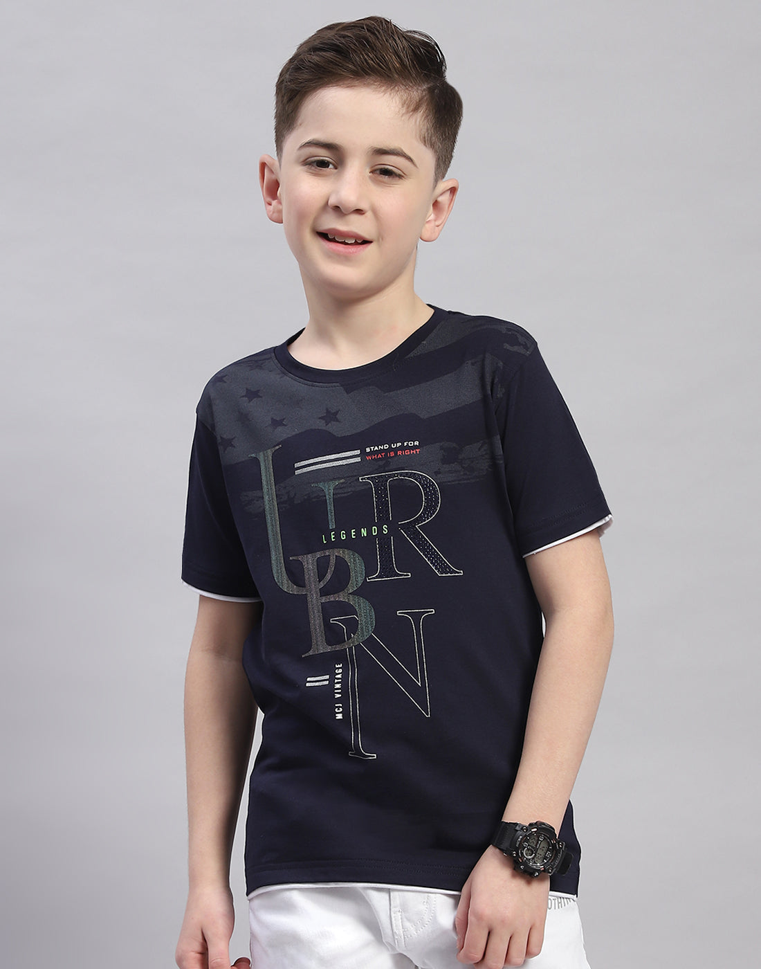 Boys Navy Blue Printed Round Neck Half Sleeve T-Shirt