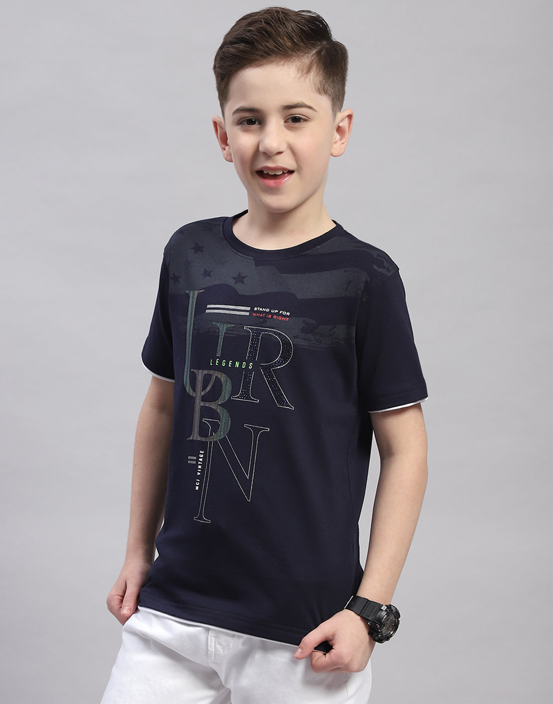 Boys Navy Blue Printed Round Neck Half Sleeve T-Shirt