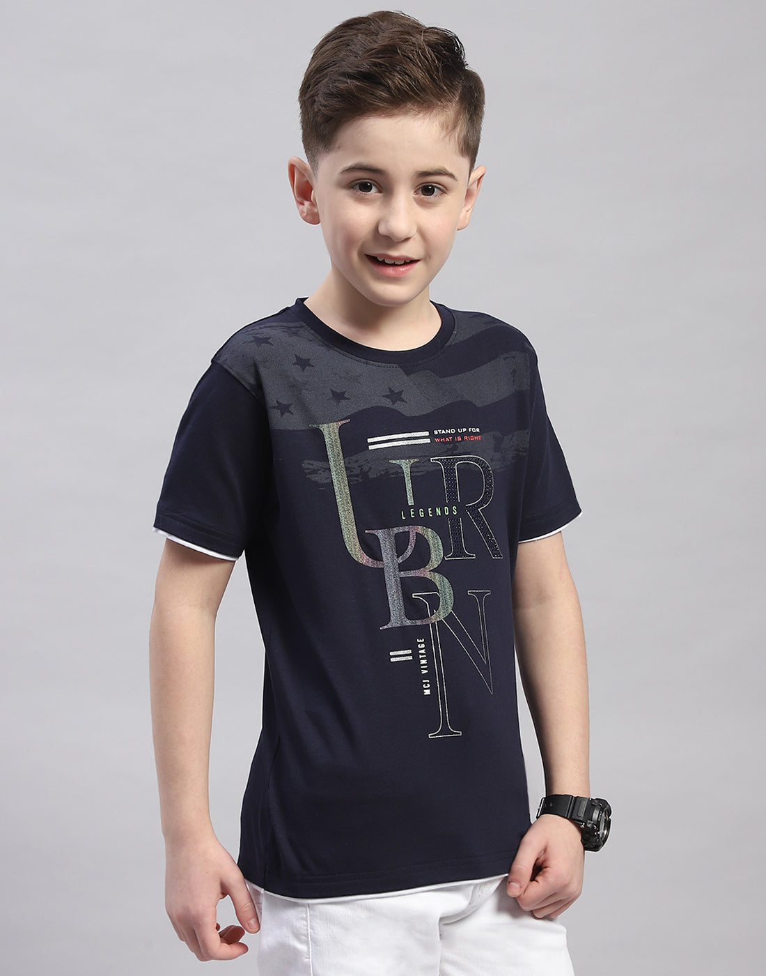 Boys Navy Blue Printed Round Neck Half Sleeve T-Shirt