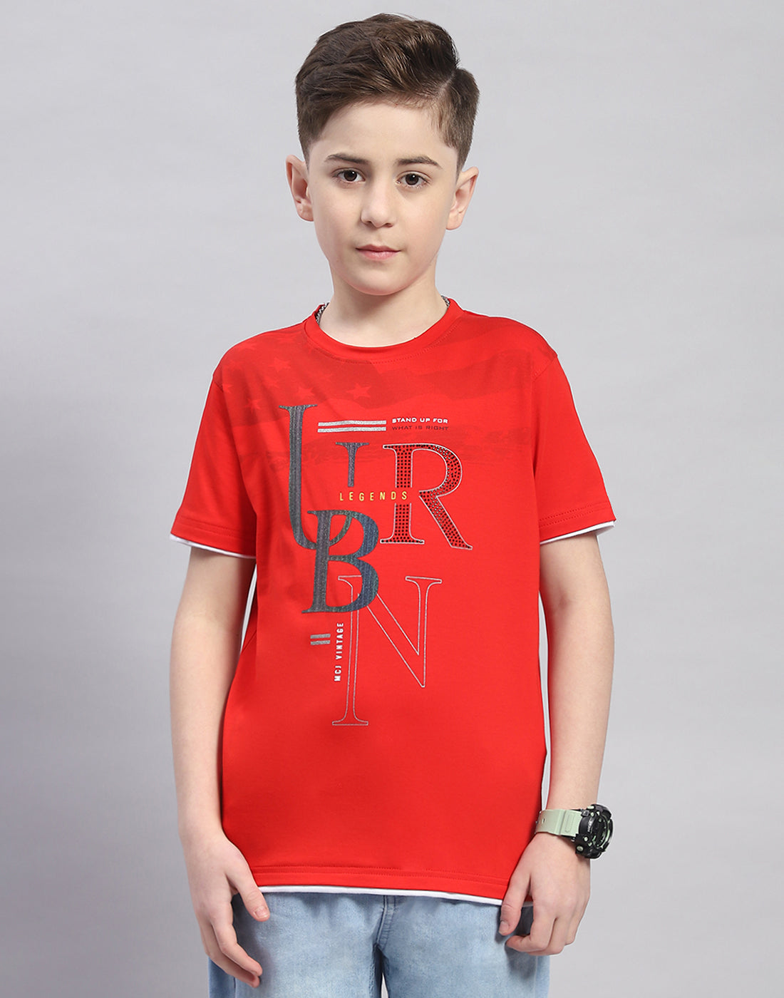 Boys Red Printed Round Neck Half Sleeve T-Shirt