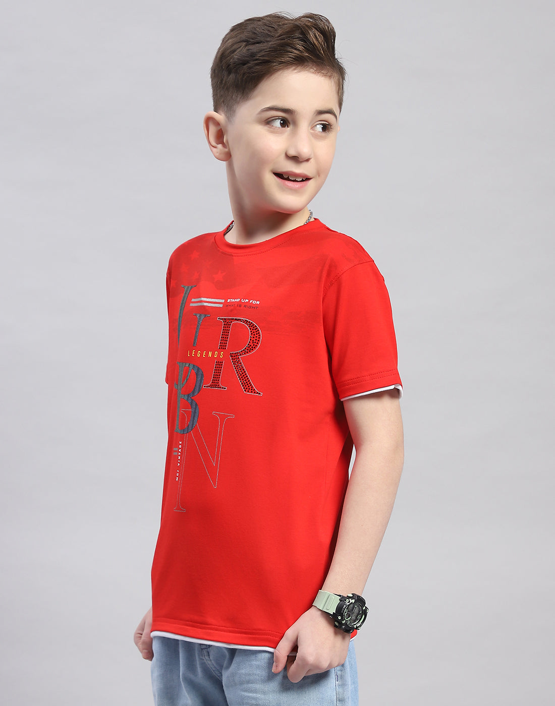Boys Red Printed Round Neck Half Sleeve T-Shirt