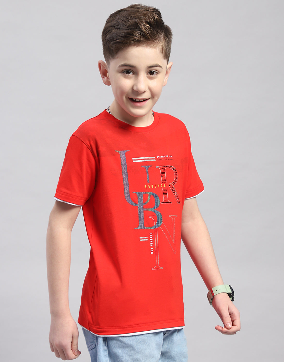 Boys Red Printed Round Neck Half Sleeve T-Shirt