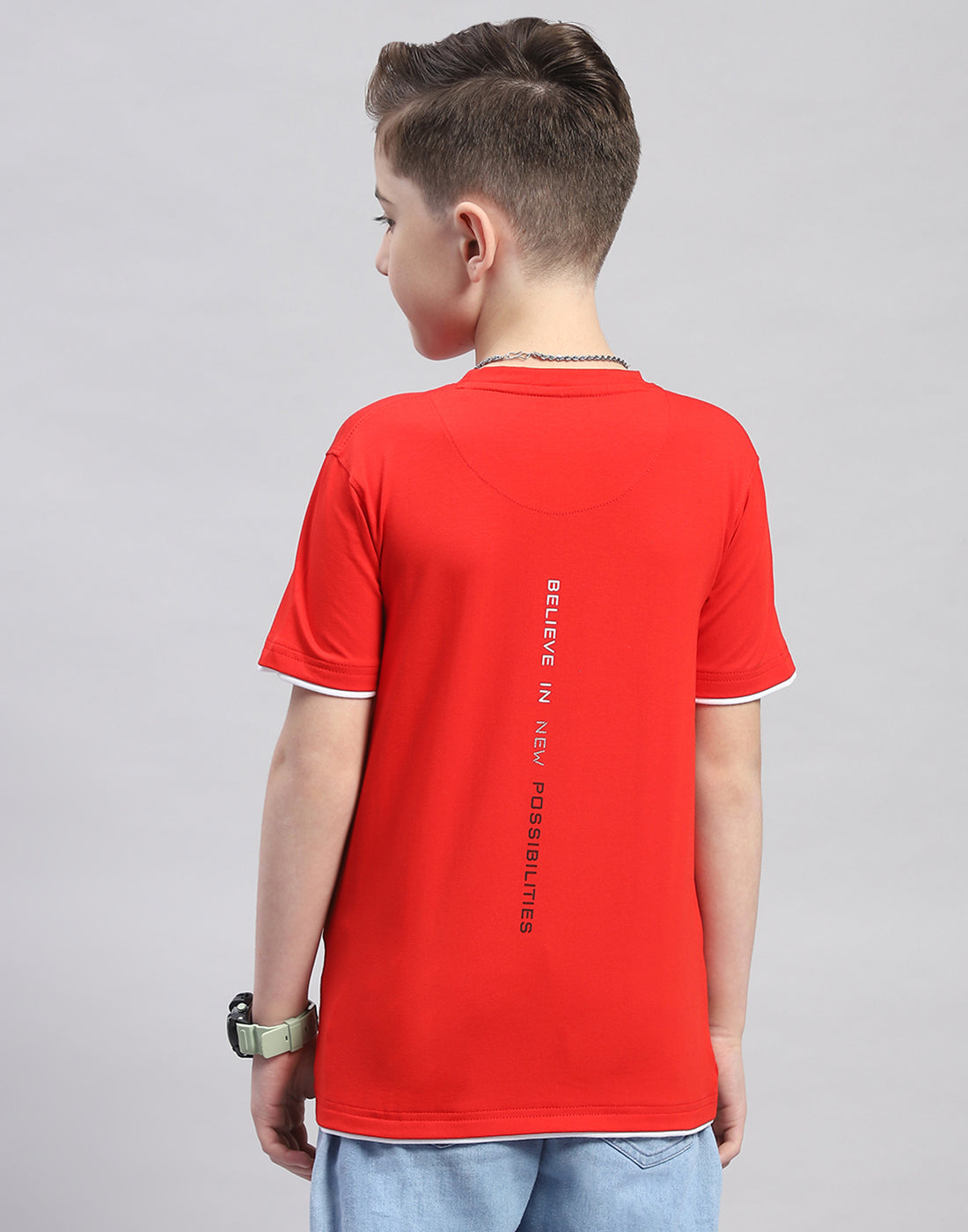 Boys Red Printed Round Neck Half Sleeve T-Shirt