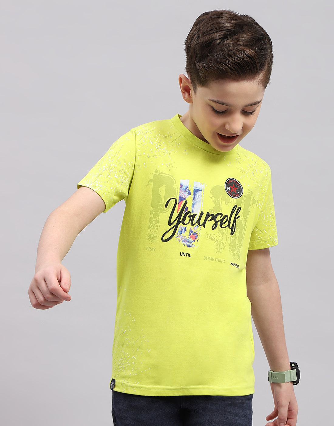 Boys Lime Green Printed Round Neck Half Sleeve T-Shirt