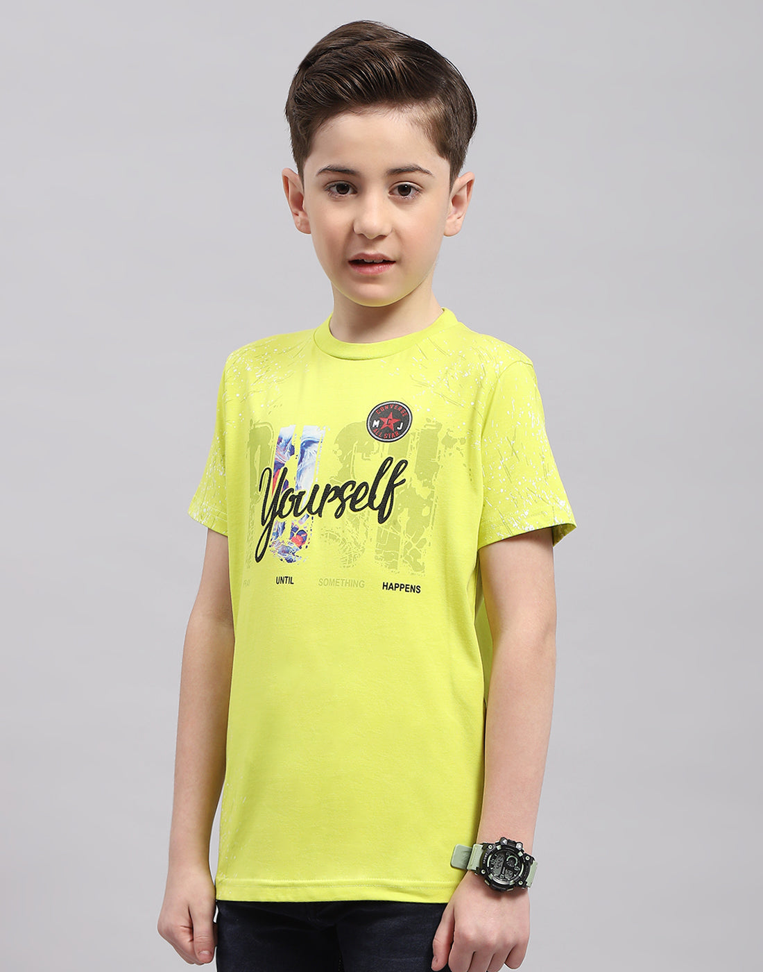 Boys Lime Green Printed Round Neck Half Sleeve T-Shirt