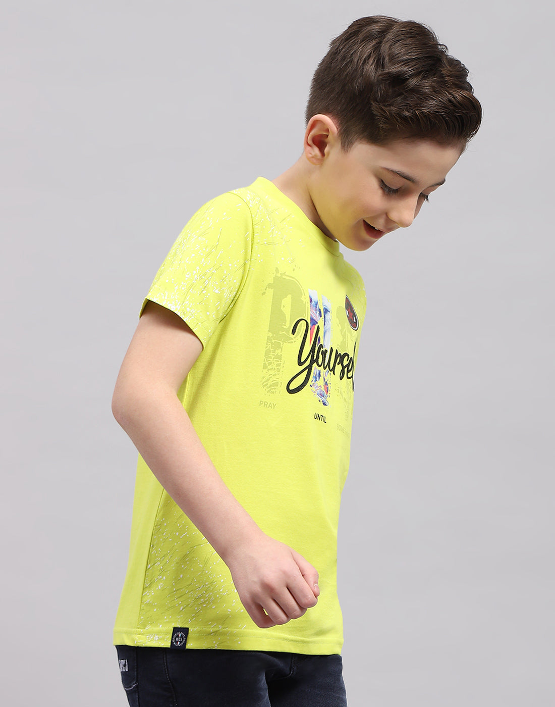 Boys Lime Green Printed Round Neck Half Sleeve T-Shirt