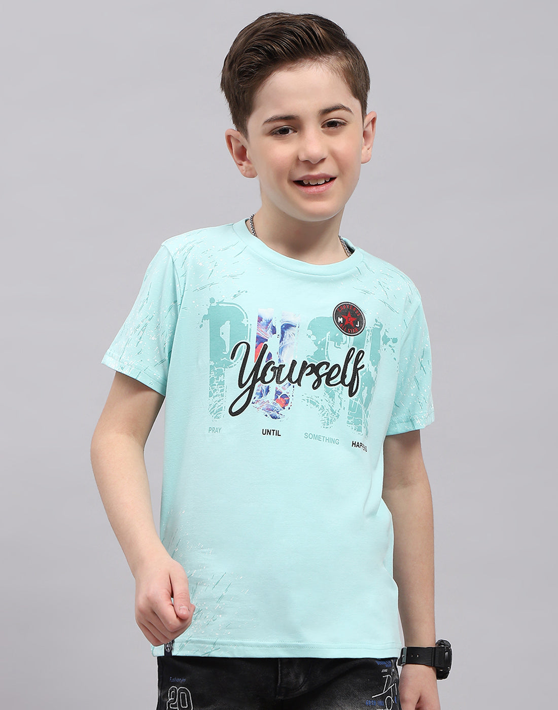 Boys Blue Printed Round Neck Half Sleeve T-Shirt