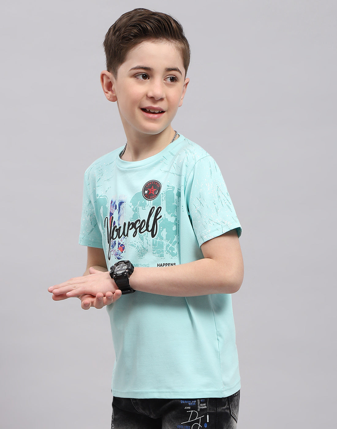 Boys Blue Printed Round Neck Half Sleeve T-Shirt