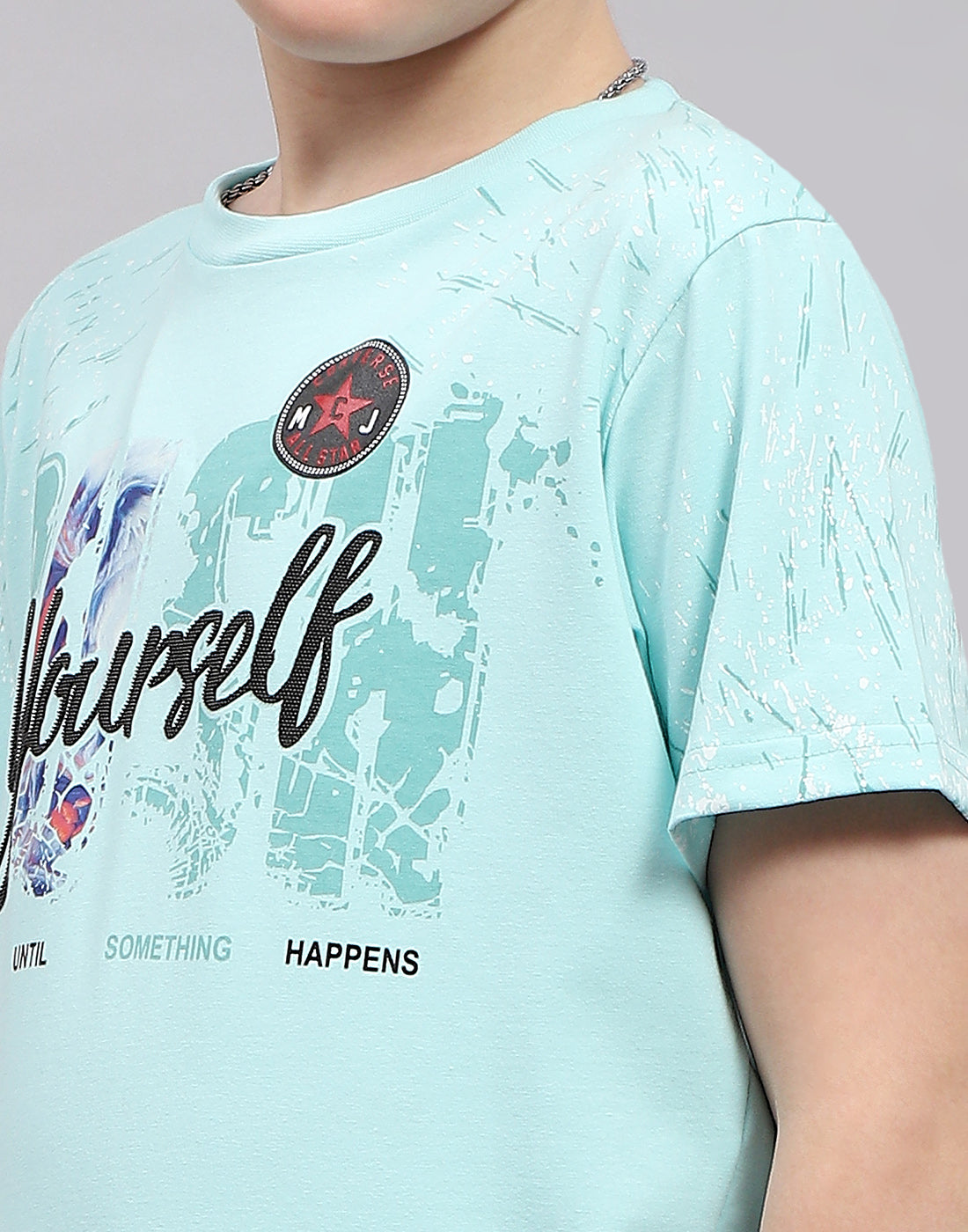 Boys Blue Printed Round Neck Half Sleeve T-Shirt