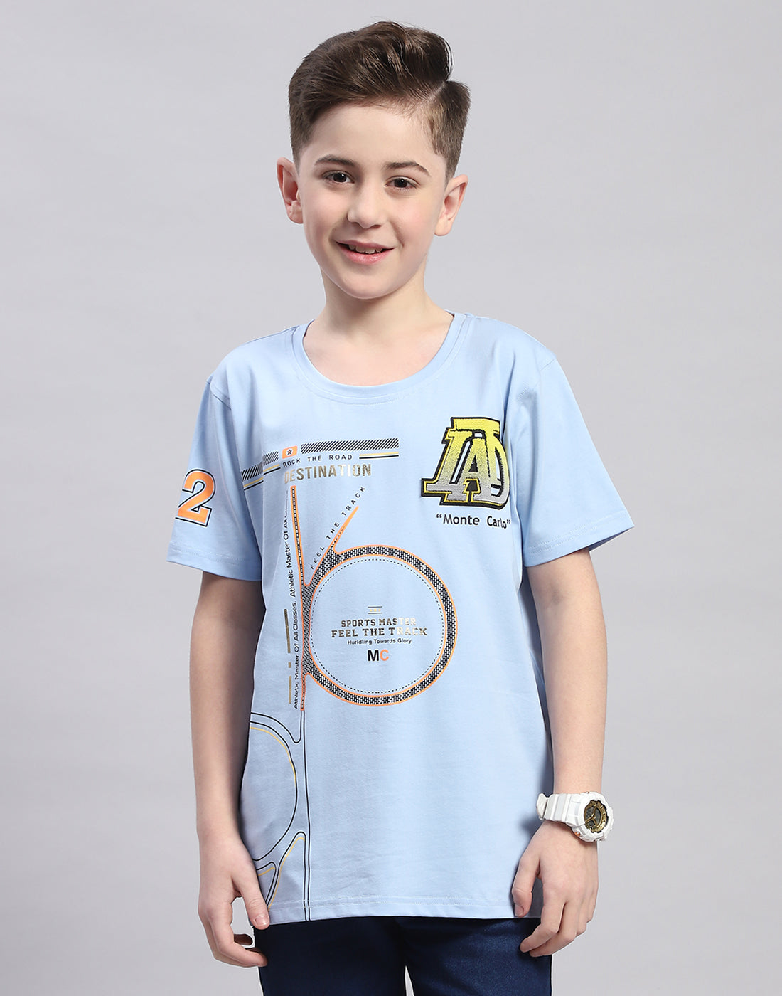 Boys Blue Printed Round Neck Half Sleeve T-Shirt