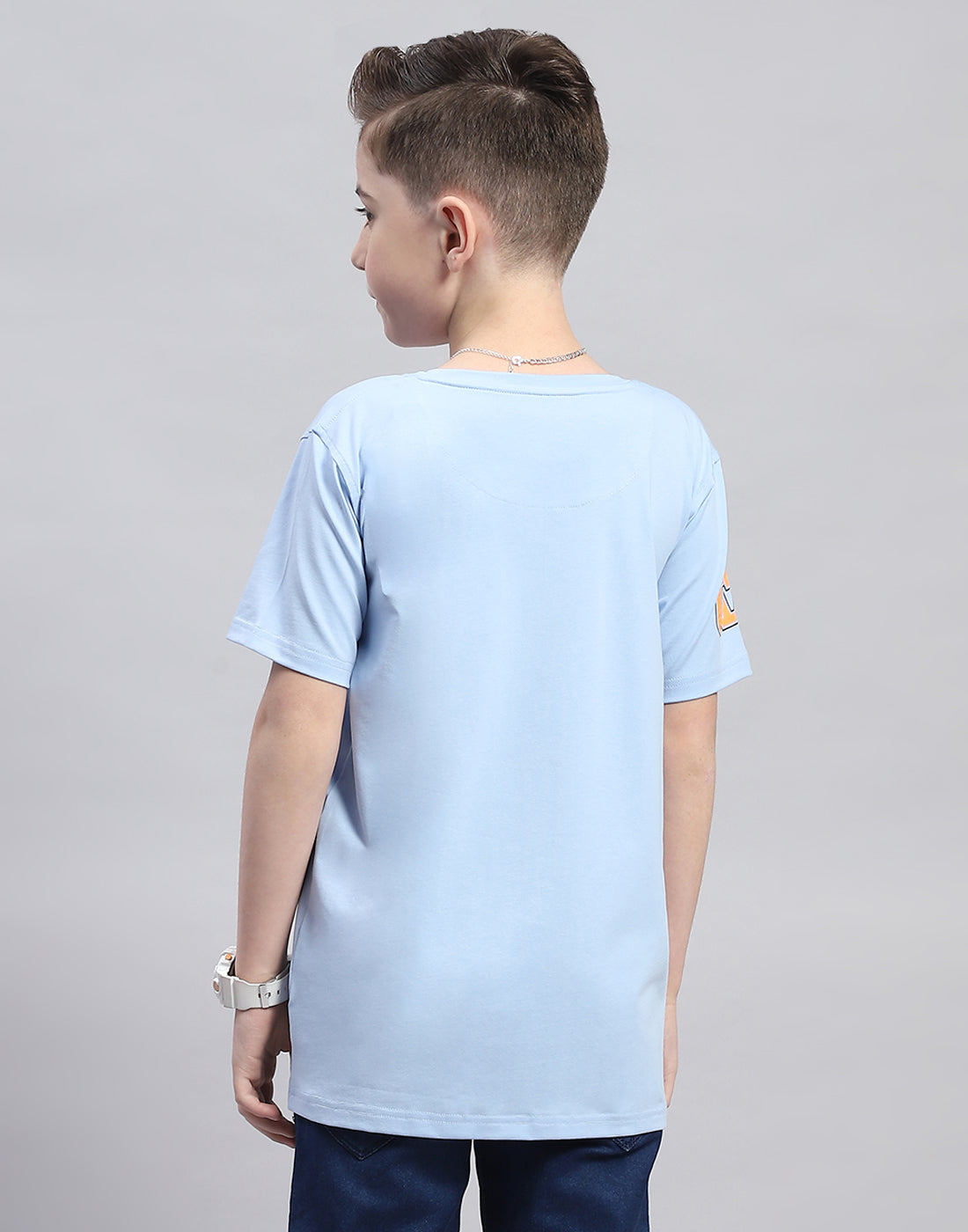 Boys Blue Printed Round Neck Half Sleeve T-Shirt