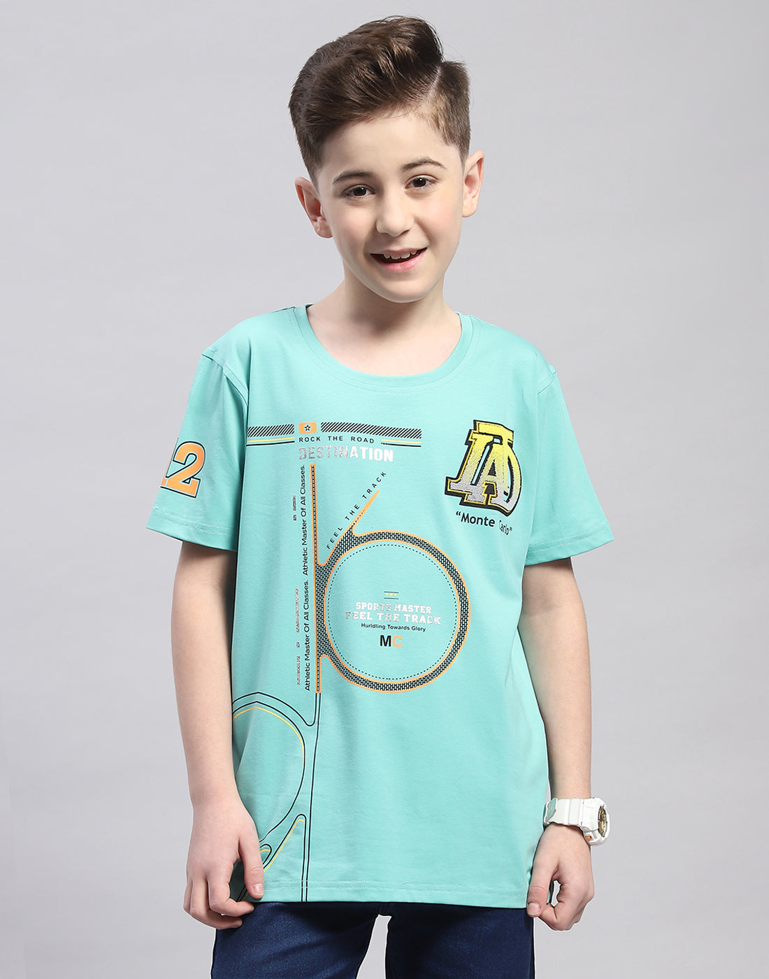 Boys Turquoise Blue Printed Round Neck Half Sleeve T-Shirt