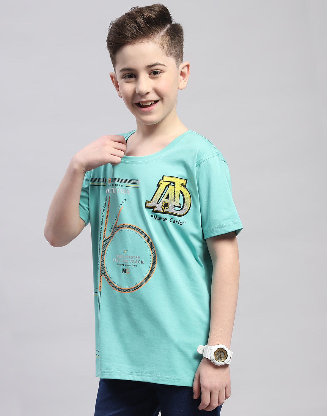 Boys Turquoise Blue Printed Round Neck Half Sleeve T-Shirt