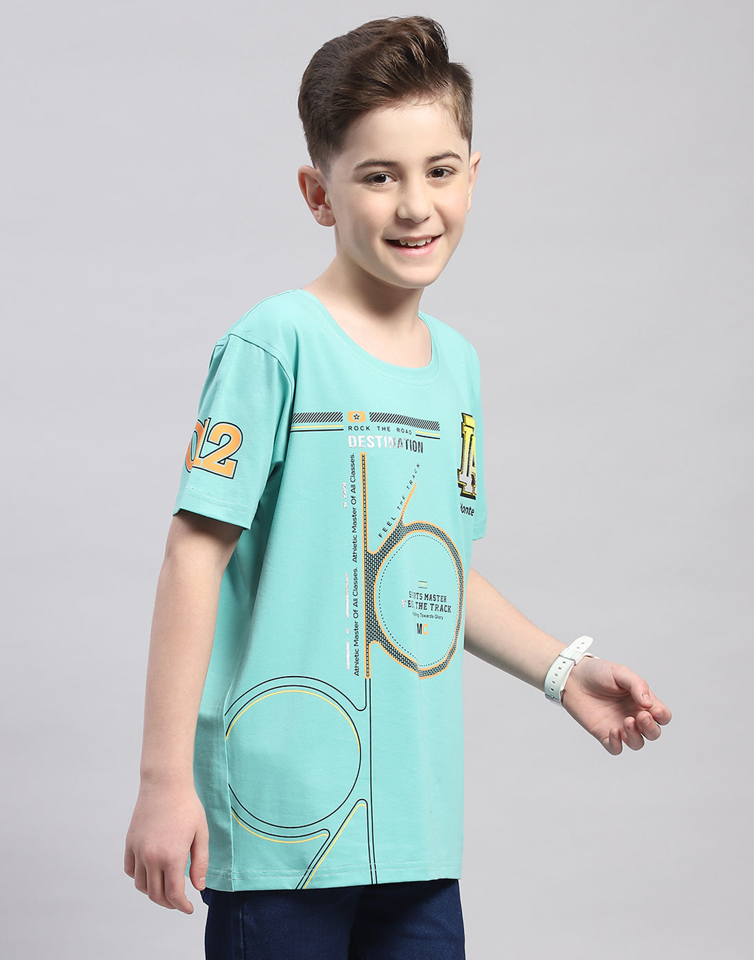 Boys Turquoise Blue Printed Round Neck Half Sleeve T-Shirt