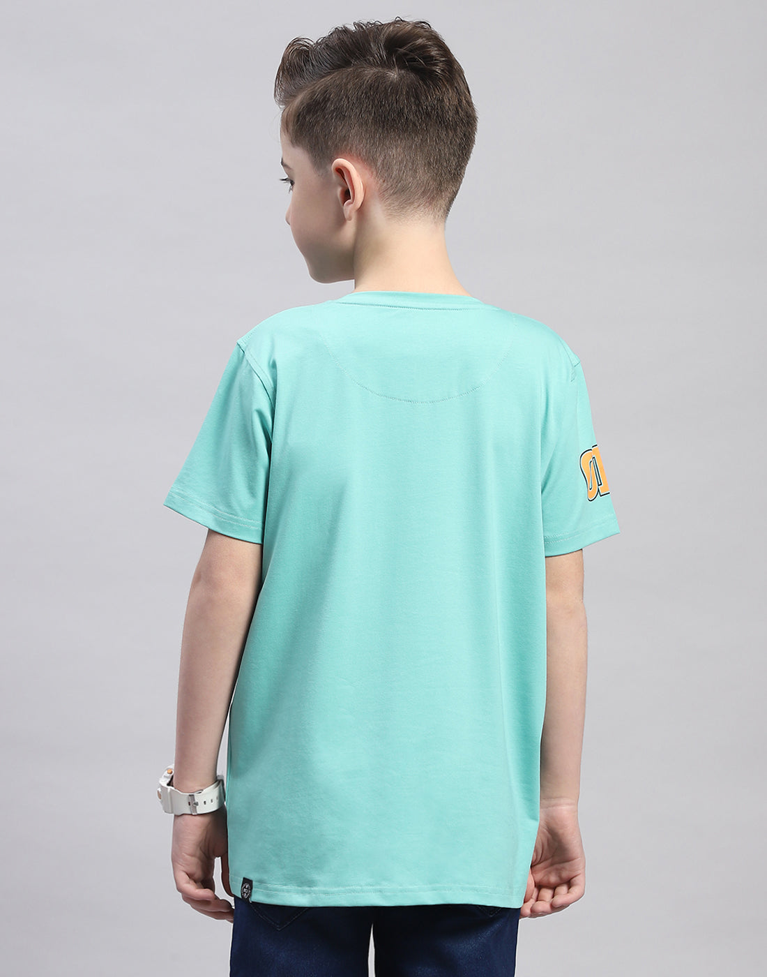 Boys Turquoise Blue Printed Round Neck Half Sleeve T-Shirt