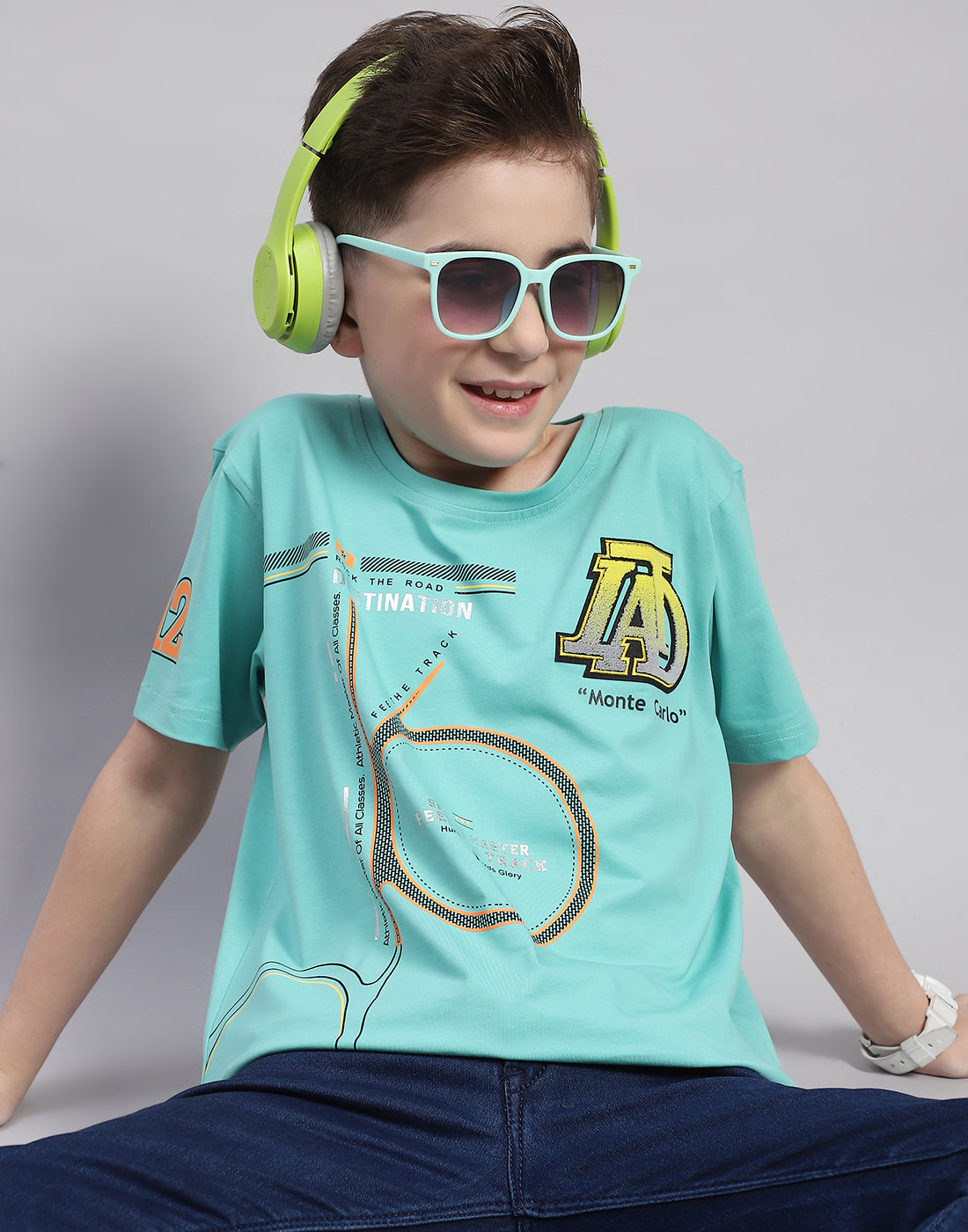 Boys Turquoise Blue Printed Round Neck Half Sleeve T-Shirt