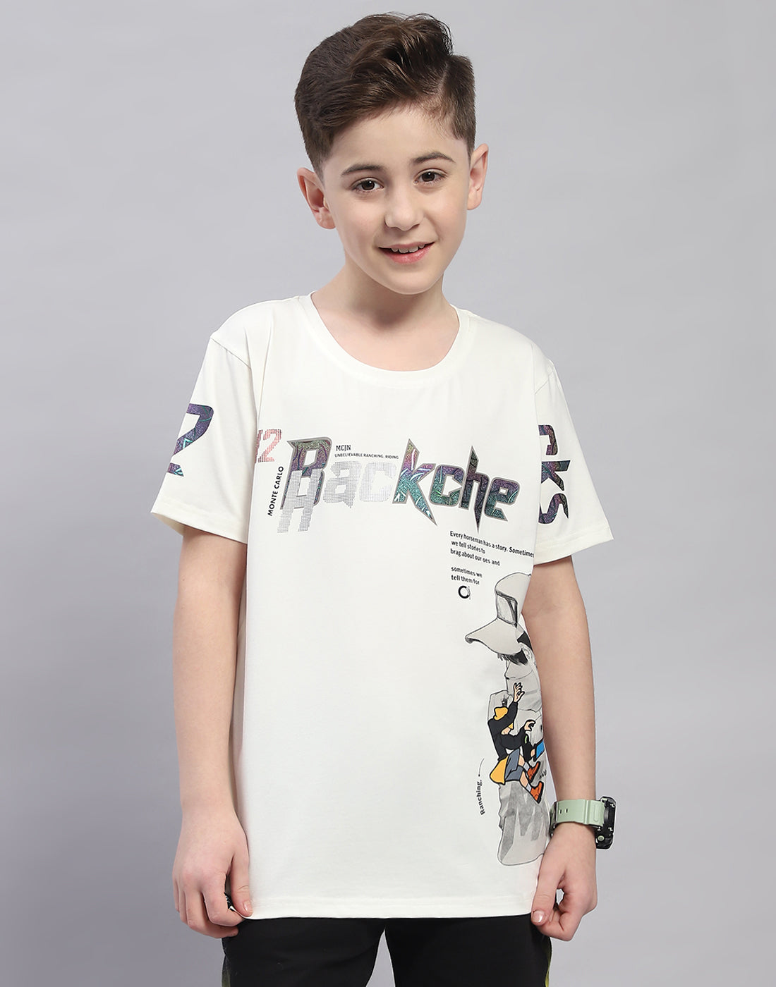 Boys Off White Printed Round Neck Half Sleeve T-Shirt