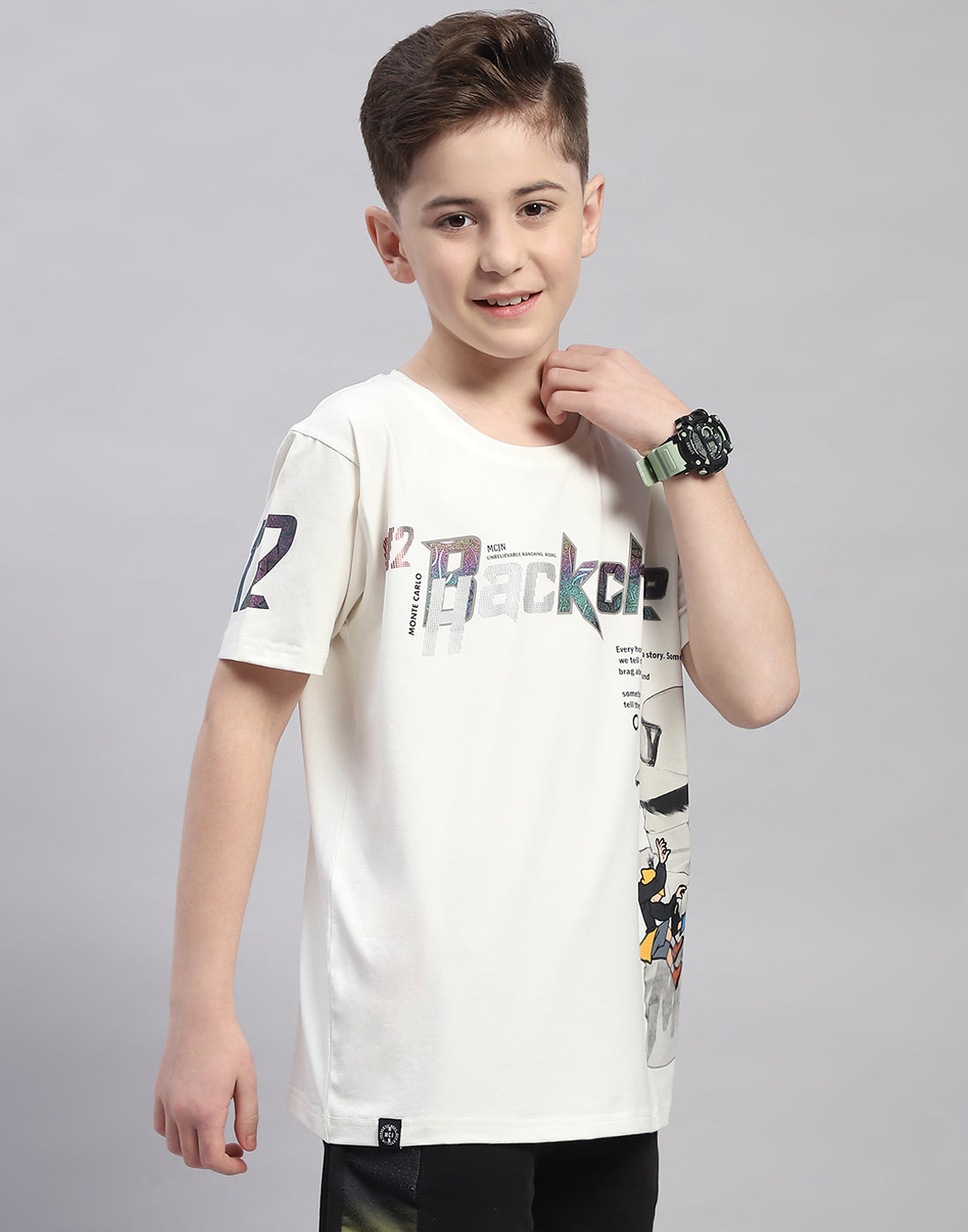 Boys Off White Printed Round Neck Half Sleeve T-Shirt