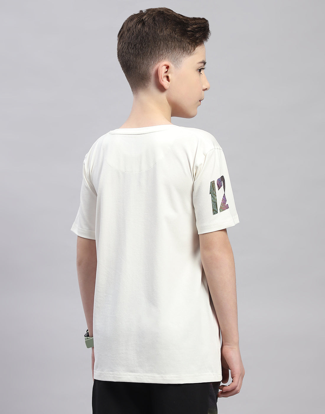 Boys Off White Printed Round Neck Half Sleeve T-Shirt