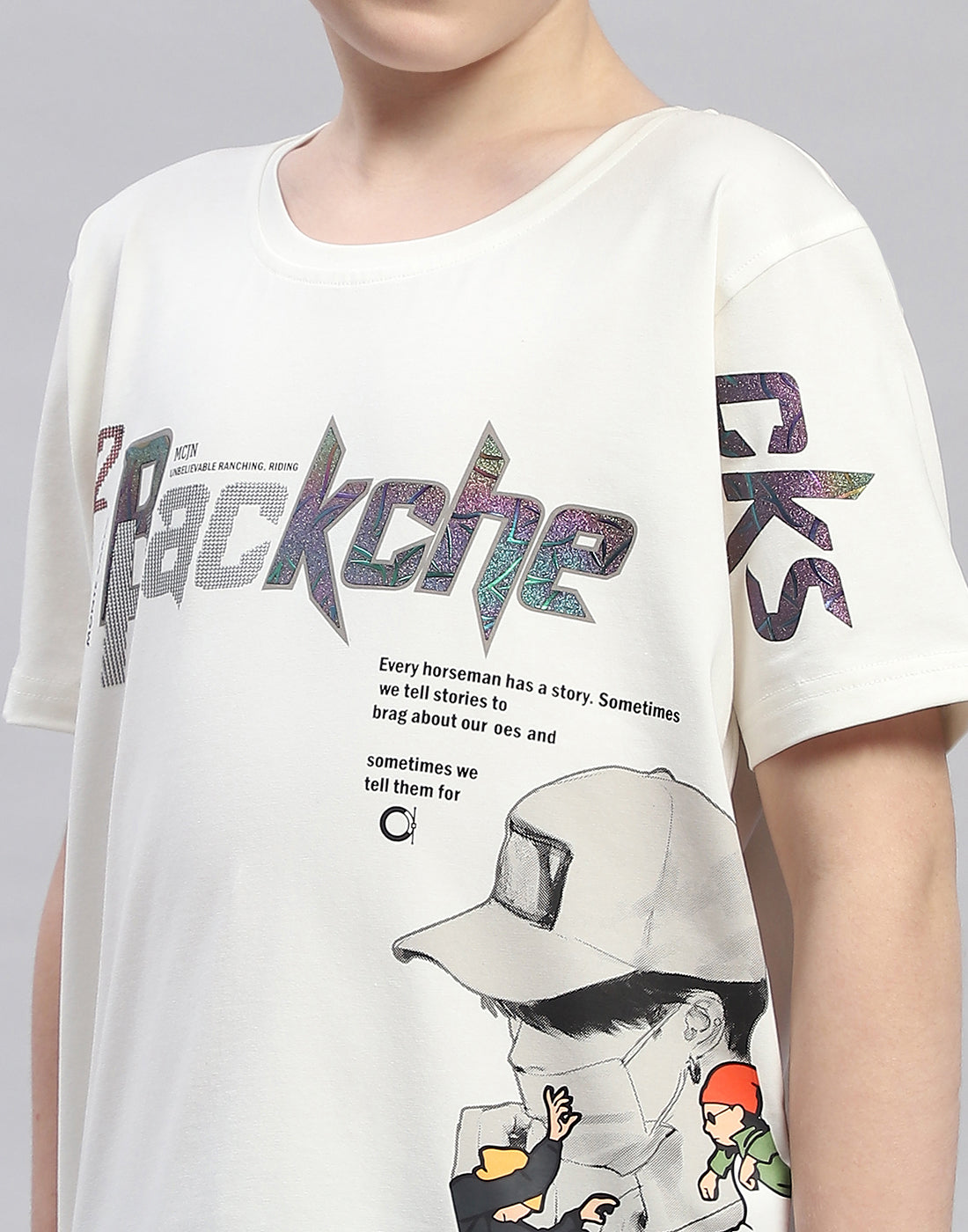 Boys Off White Printed Round Neck Half Sleeve T-Shirt