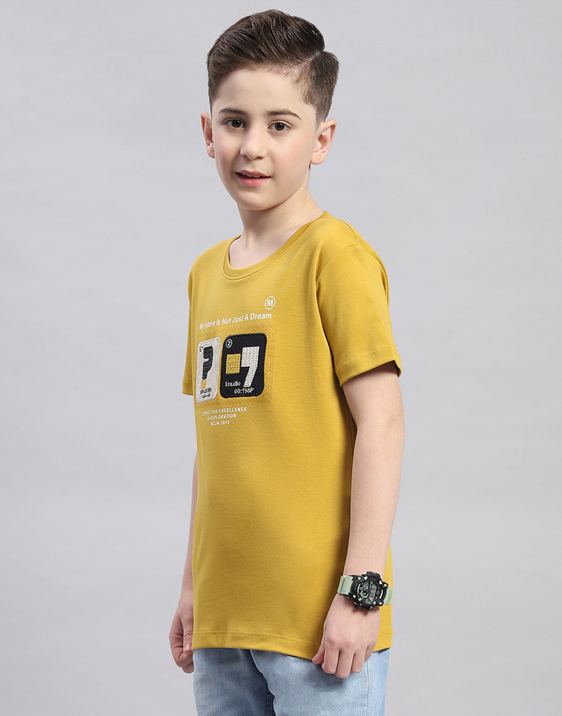 Boys Mustard Printed Round Neck Half Sleeve T-Shirt