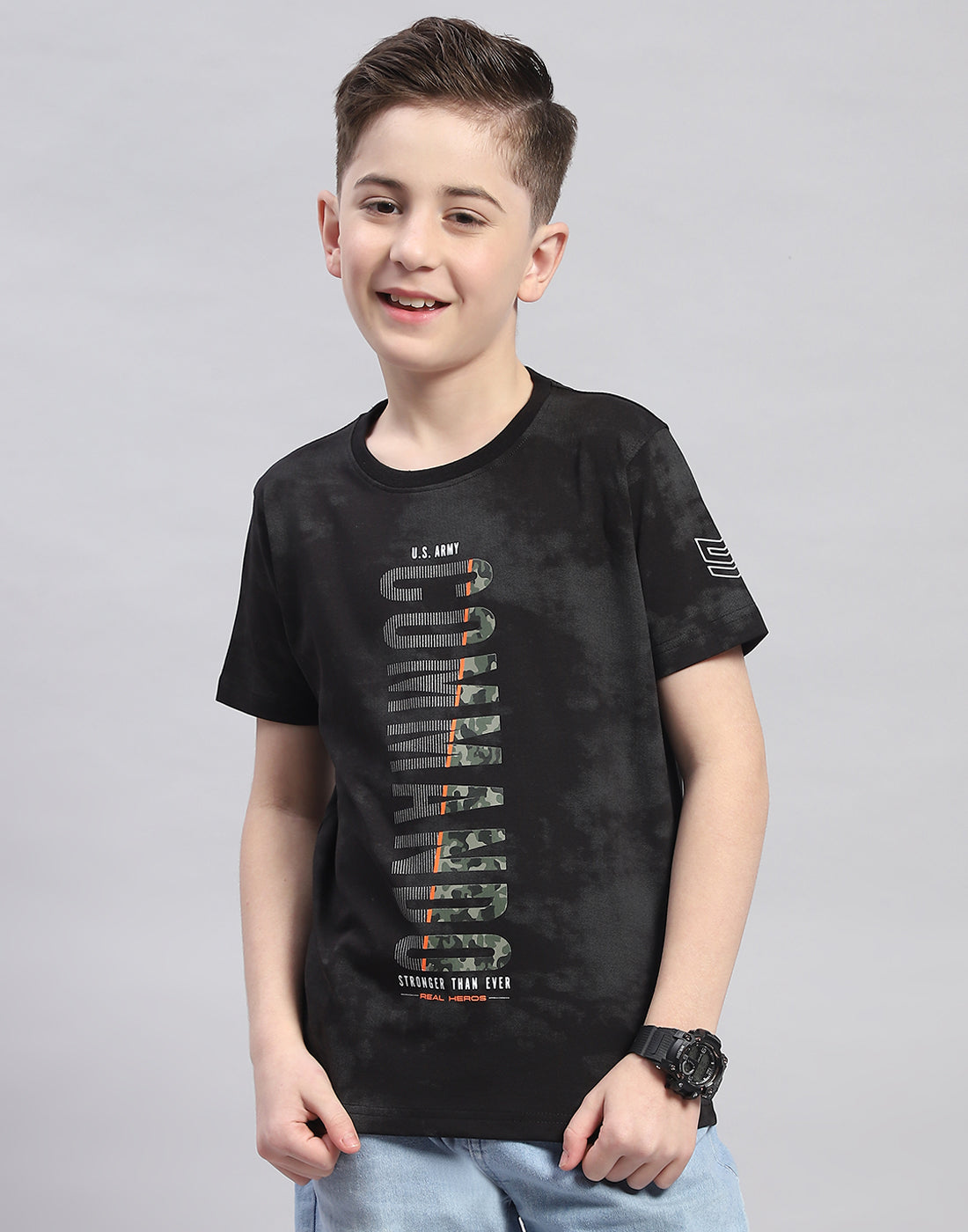Boys Black Printed Round Neck Half Sleeve T-Shirt