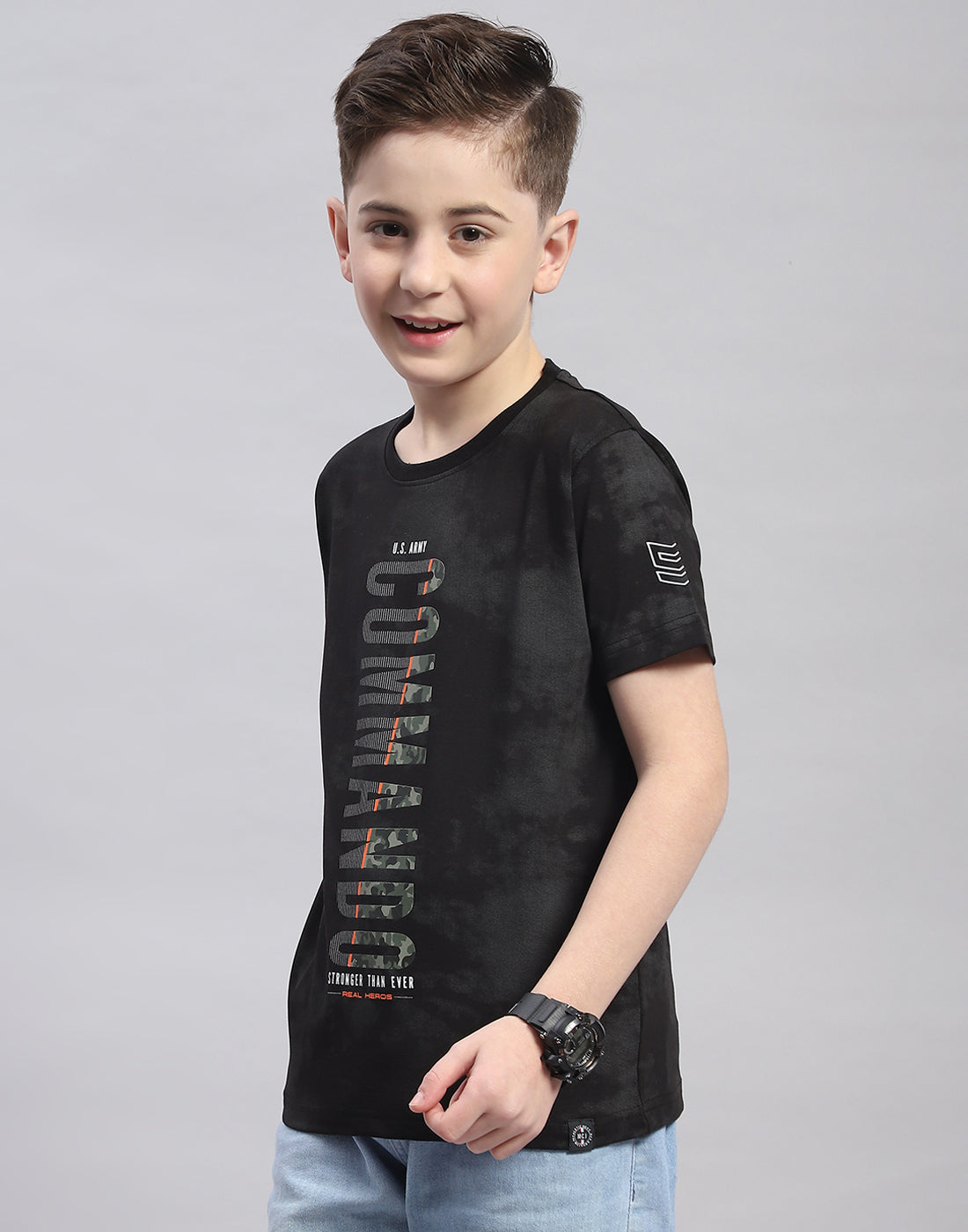Boys Black Printed Round Neck Half Sleeve T-Shirt