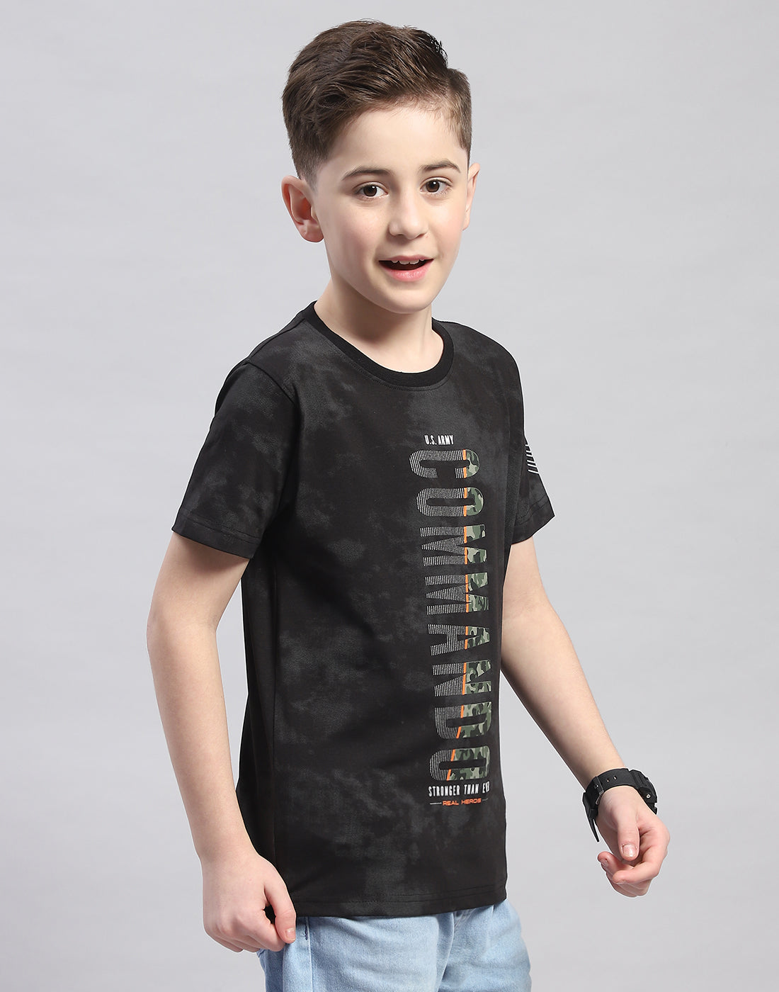 Boys Black Printed Round Neck Half Sleeve T-Shirt